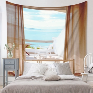 Détail de la tapisserie vue mer méditerranéenne avec balcon pour déco de chambre