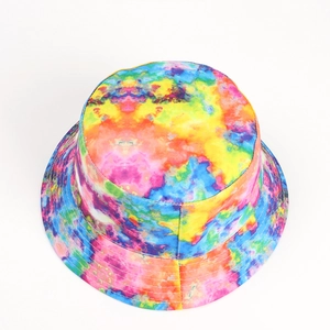 Detailed view of colorful tie-dye bucket hat with reinforced stitching on the brim