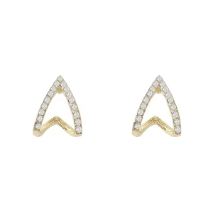 Elegant gold V-shaped geometric stud earrings with sparkling diamonds on white background