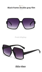 Front and side views of oversized black polygon sunglasses with purple gradient lenses
