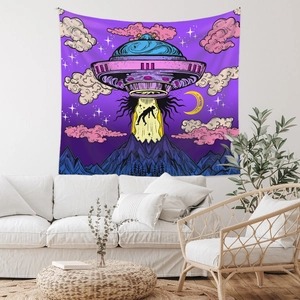 Detail of surreal UFO abduction tapestry with vibrant purple and blue digital printing