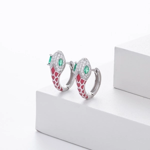 S925 sterling silver snake hoop earrings with red mesh pattern and green gemstones
