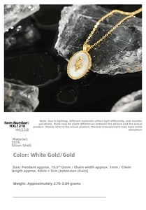 Macro shot of S925 silver tulip necklace featuring an oval shell pendant with gold inlay