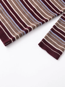 Detail of multi-color striped knit fabric with precise stitching on hem and cuffs