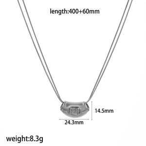 Detail view of silver stainless steel necklace with dimensions and weight specs