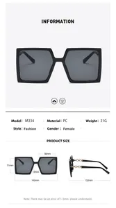 Detailed size chart for oversized square sunglasses showing dimensions and PC frame specs