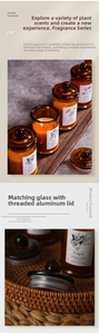 Detail view of amber glass scented candle jars with threaded aluminum lids for dust protection