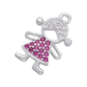 Silver girl pendant charm with clear and pink cubic zirconia for DIY jewelry making