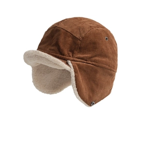 Brown corduroy trapper hat with warm fleece lining shown in a 45-degree angle view