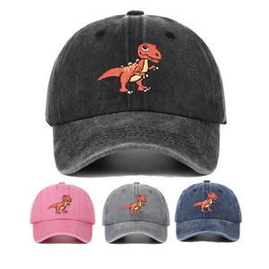 Kids Baseball Cap Washed Cotton T-Rex Dinosaur Embroidered Adjustable Vintage Casual Sun Hat Boys Girls