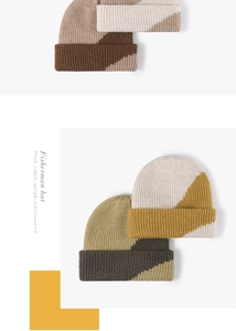 Detail view of multi-color block ribbed knit beanies with thick dual-layer texture
