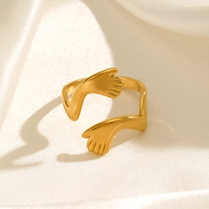 Hands Embrace Hug Ring Stainless Steel Gold Plated Adjustable Open Band Fashion Jewelry For Women