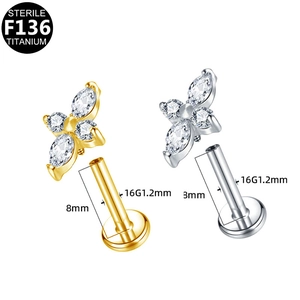 Marquise zircon flower labret in F136 titanium with sterile certification and size specs