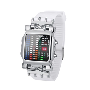 Creative crab-style binary LED watch with silver case and white silicone strap