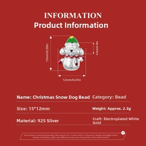 Macro view showing dimensions of a 925 silver Christmas snow dog charm with green hat
