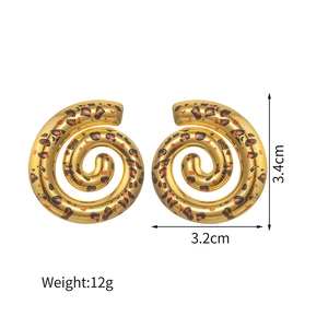 Detailed specs of spiral leopard print earrings measuring 3.4cm by 3.2cm and 12g weight