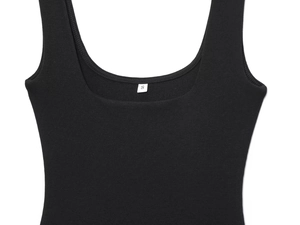 Close-up of black ribbed knit dress neckline with a small white S size label