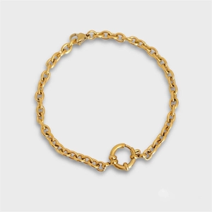 Macro shot of gold-plated titanium steel link chain bracelet with sailor clasp detailing