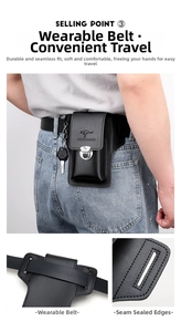 Detail of black leather phone holster with belt loop and secure metal buckle closure