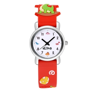 Macro detail of red silicone watch band with 3D cartoon dinosaur and dinosaur egg icons