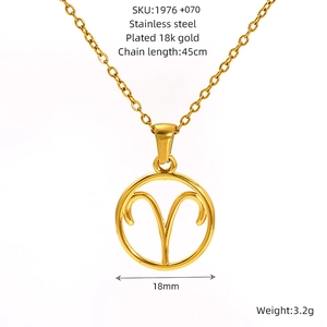 Macro detail of Aries zodiac pendant in 18k gold plated stainless steel with dimensions