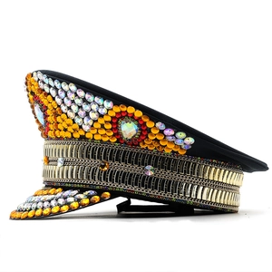 Golden rhinestone military captain hat for women's party events and stage performances