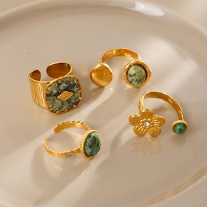 Adjustable Open Ring Gold Plated Titanium Steel Natural Green Stone Geometric Flower Vintage Jewelry Women