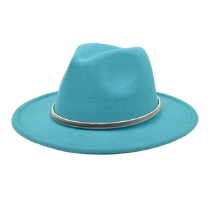 Teal wool felt jazz fedora hat with silver metal ring trim and wide brim for women