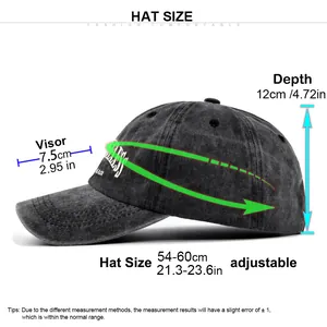 Size chart showing adjustable hat depth, visor length, and circumference for baseball cap