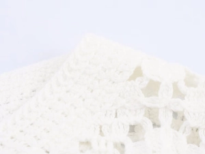 Detailed macro view of white crochet lace fabric texture with intricate hollow patterns