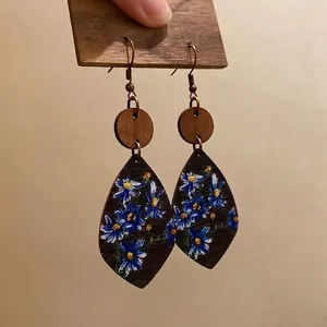 Bohemian teardrop wood earrings with blue floral painting and retro bronze hooks