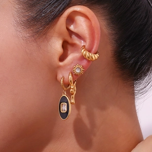 French style 18K gold plated irregular liquid earrings set with black enamel pendant