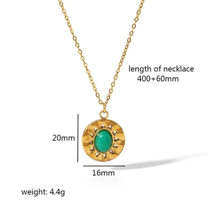 Detail view of vintage 18k gold plated necklace with green stone and size dimensions