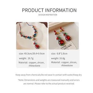Detailed size chart for the leaf-shaped zircon necklace and teardrop earring set