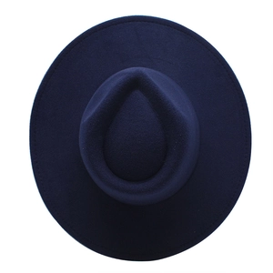 Top view of navy blue wool felt fedora featuring classic teardrop crown and wide brim