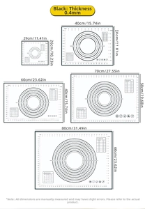 Size chart showing five dimensions of black silicone baking mats with scale markings