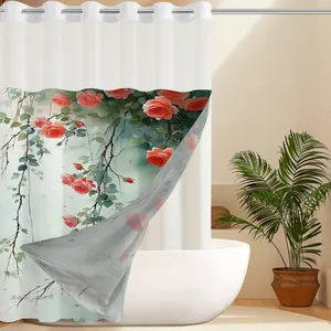 Detail of waterproof shower curtain with pink watercolor flowers and silver metal rings