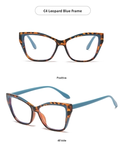 Detail view of cat eye glasses in leopard texture with blue inner frame and blue arms