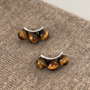 Tiger Eye Stud Earrings Retro Arc Shape Beads Minimalist With Silver Earring Post Vintage Jewelry For Women