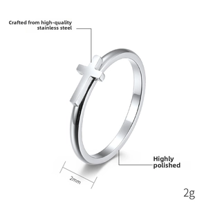 Detail of 2mm silver titanium steel cross ring with high polished finish and 2g weight