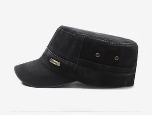 Side view detail of black washed denim military cap with metal eyelets and logo plate