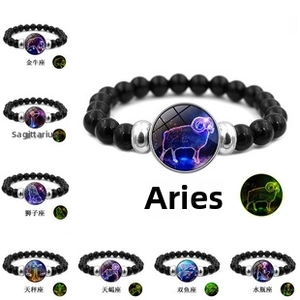 Luminous twelve constellation multilayer bracelets with Aries glass charm and black beads