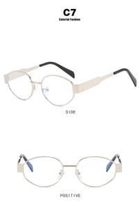 Dual view of silver oval metal sunglasses with black ear hooks for fashion eyewear