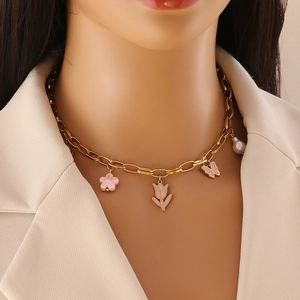 Pink tulip and butterfly enamel necklace with pearls on a golden stainless steel chain