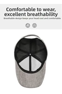 Detail of grey herringbone beret with breathable mesh lining and adjustable metal buckle