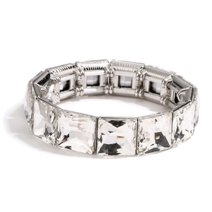 Detail of silver alloy bracelet with square cut crystals and secure metal prong settings