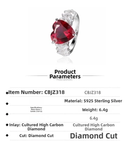 Macro detail of a 7ct heart-shaped red gemstone ring with S925 sterling silver band