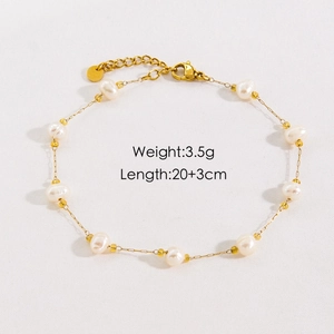Detail of gold titanium bracelet with freshwater pearls showing 20+3cm length and 3.5g weight