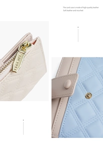 Detail of high-quality leather card holder with quilted stitching and metal hardware