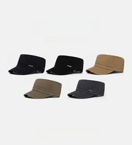 Detail view of cotton military caps in five colors with metal SPORT decorative plate